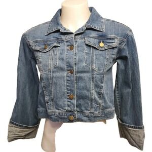 Mac and Me Denim Jacket Size M Womens Boho Norm Core Blue Cropped Stretch Button